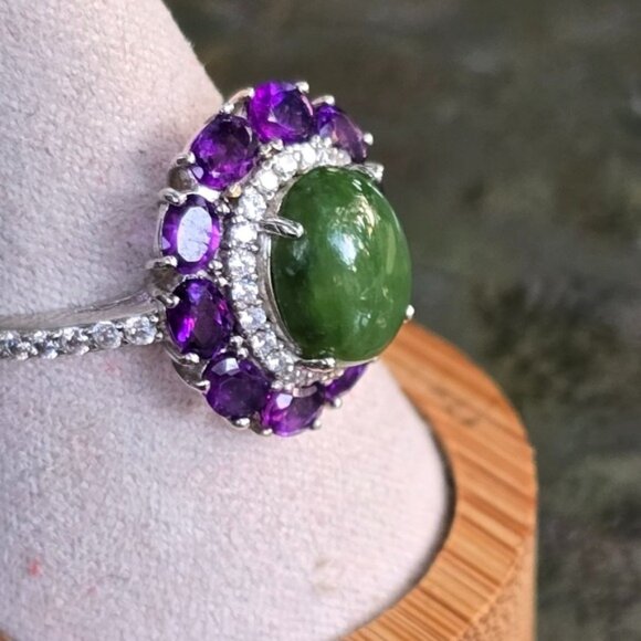 925 Sterling Silver Ring Sz 9 with Natural Jade 8x10mm & Amethyst Gems - Picture 4 of 7